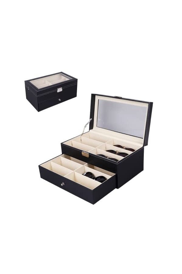 MAGIC SELECT Boite a Lunette de Soleil en Simili Cuir -12 Compartiments-. Etui de Présentation avec Couvercle en Verre Transp