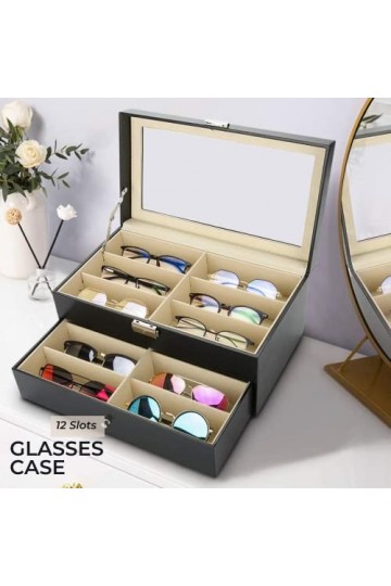 MAGIC SELECT Boite a Lunette de Soleil en Simili Cuir -12 Compartiments-. Etui de Présentation avec Couvercle en Verre Transp