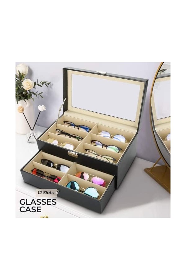 MAGIC SELECT Boite a Lunette de Soleil en Simili Cuir -12 Compartiments-. Etui de Présentation avec Couvercle en Verre Transp