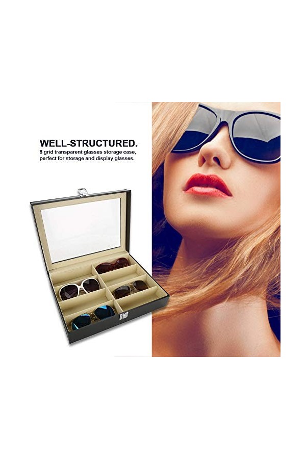 Filfeel Boîte de rangement pour lunettes, organisateur de lunettes de soleil en cuir PU avec 8 grilles, 13.18 * 9.64 * 3.34in