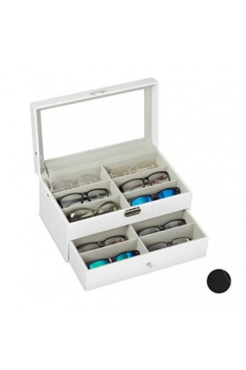 Relaxdays Boîte à Lunettes pour 12 Paires, Rangement Montures, Cuir Artificiel 15,5 x 33,5 x 19,5 cm, Coffre, Blanc 15,5 x 33