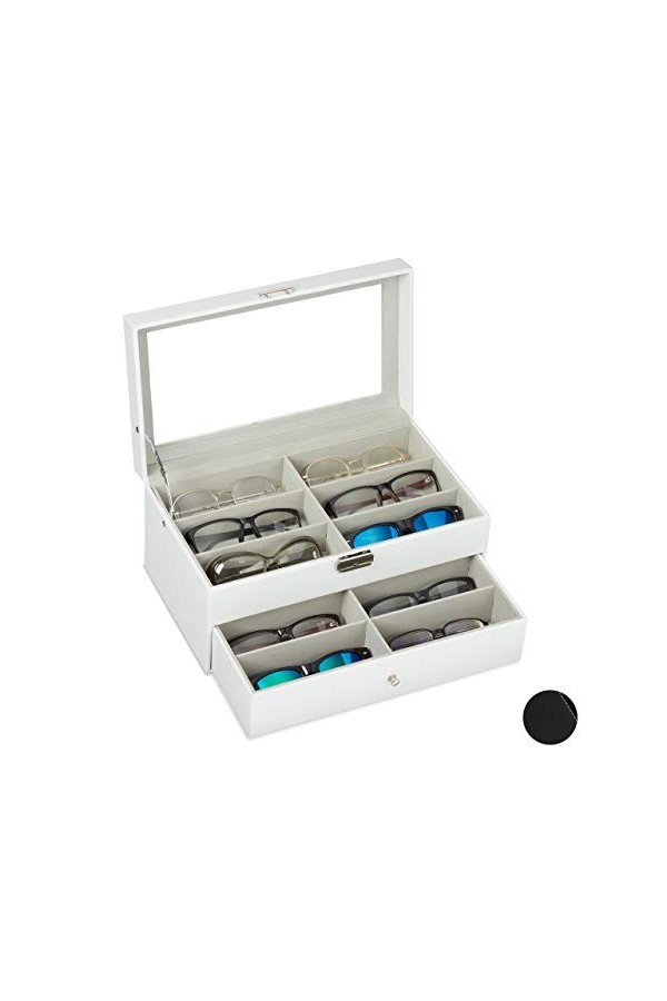 Relaxdays Boîte à Lunettes pour 12 Paires, Rangement Montures, Cuir Artificiel 15,5 x 33,5 x 19,5 cm, Coffre, Blanc 15,5 x 33