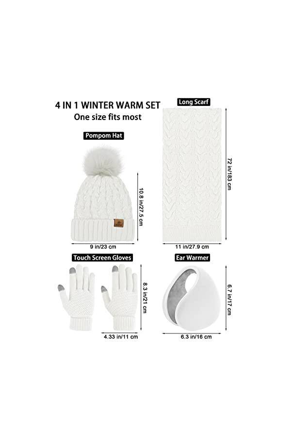 URATOT Lot de 4 paires de gants dhiver chauds en tricot pour homme ou femme, blanc, Medium