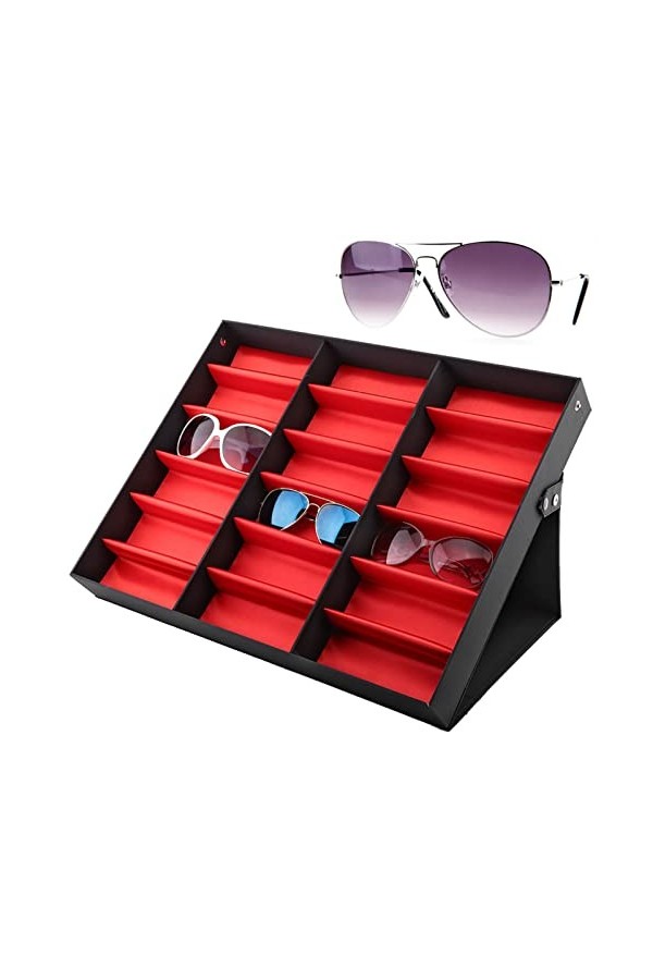 Annadue Étui de Rangement pour Lunettes, Boîte à Lunettes Portable + Rouge en Panneau de Fibres de densité Moyenne 18 Grilles