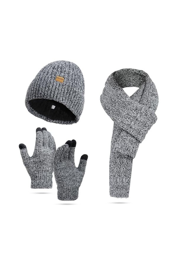 Warmiehomy Chapeau Echarpe Gants Set Ladies Touch Screen Gloves Chapeau avec Doublure Echarpe Chaude Chapeau Gants Set Men as