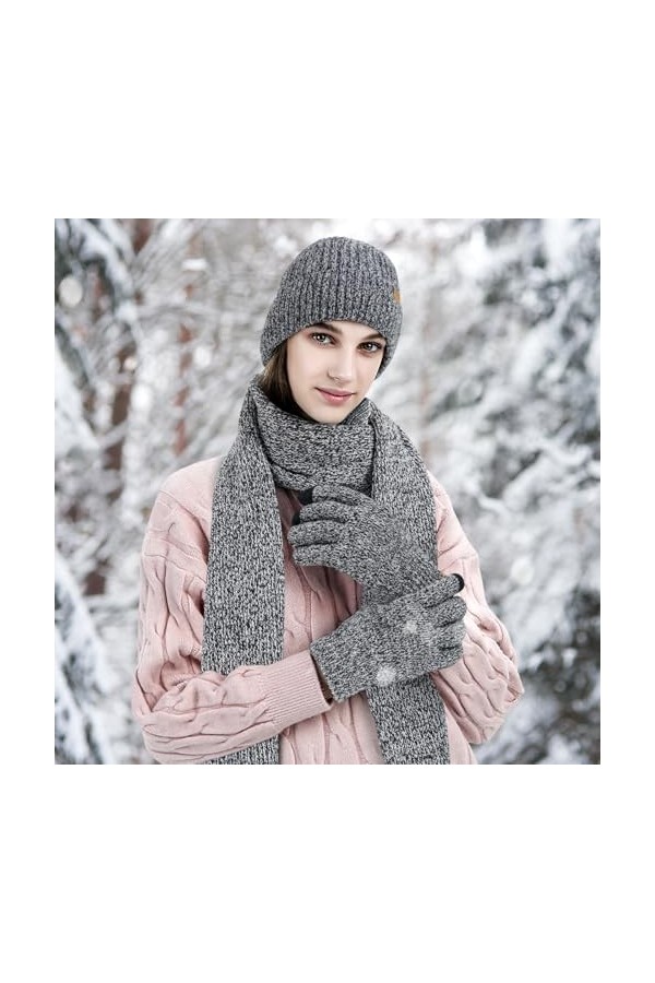 Warmiehomy Chapeau Echarpe Gants Set Ladies Touch Screen Gloves Chapeau avec Doublure Echarpe Chaude Chapeau Gants Set Men as