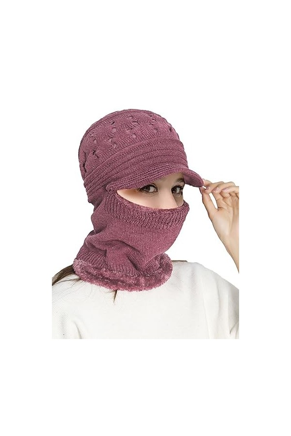 Rayson Cagoule Femme Hiver Tricoté Chaud Bonnet avec Cache Cou Doublé Polaire Unisexe Balaclava pour Ski Sports de Plein Air 