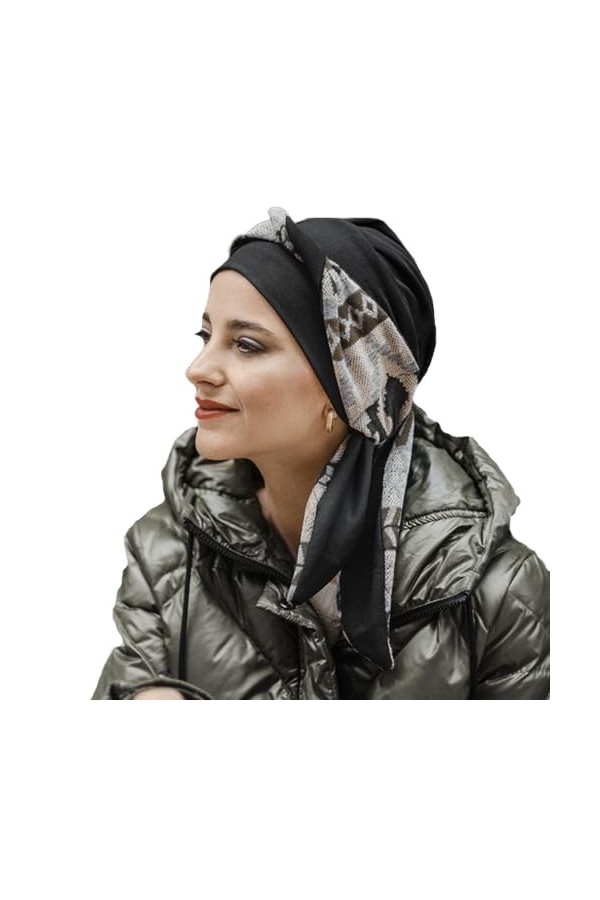 CAREBELL Smooth Zig Zag Grey Turban Bonnet oncologique en coton pour chimiothérapie ou alopécie., bleu marine, Taille Unique