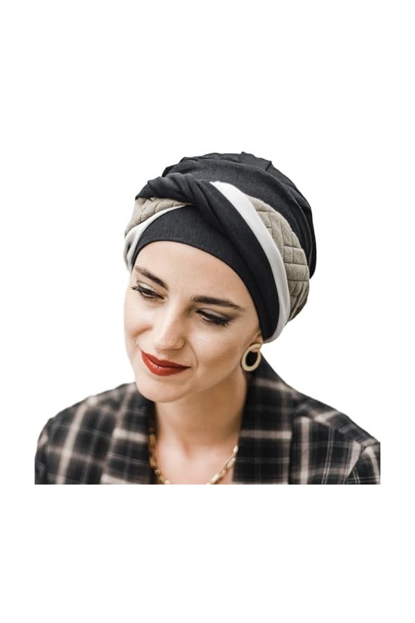 Carebell Elegance Black Padded Turban Bonnet oncologique en bambou et coton pour chimiothérapie ou alopécie, Noir , Taille Un