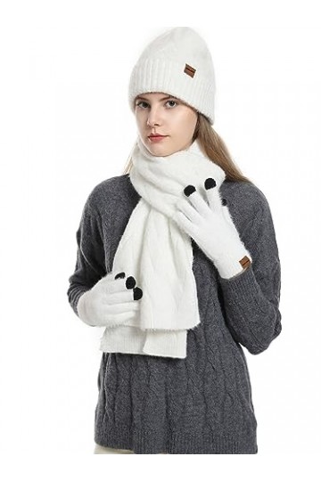 CAMLAKEE Ensemble bonnet dhiver écharpe gants pour femme Bonnet tricoté gant Chauffe-cou Femmes Kit tricot, Blanc., taille u