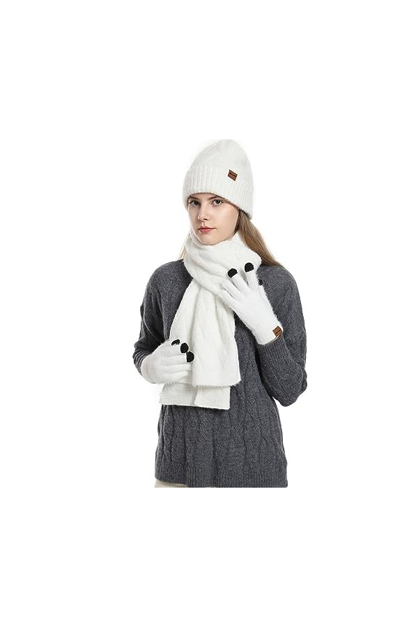 CAMLAKEE Ensemble bonnet dhiver écharpe gants pour femme Bonnet tricoté gant Chauffe-cou Femmes Kit tricot, Blanc., taille u