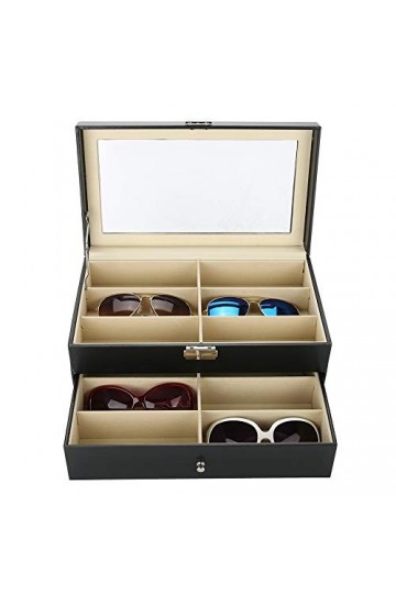 Boîte de rangement pour lunettes de soleil - Étui à lunettes 12 compartiments avec serrure et clé - Boîte à lunettes en cuir 