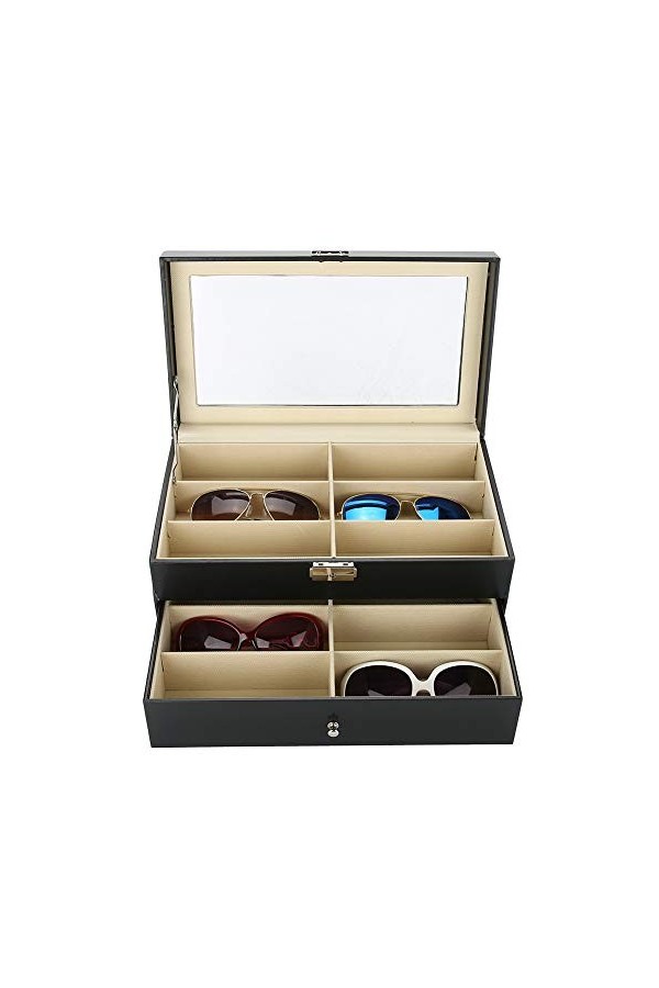 Boîte de rangement pour lunettes de soleil - Étui à lunettes 12 compartiments avec serrure et clé - Boîte à lunettes en cuir 