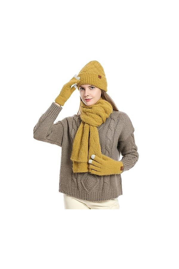 CAMLAKEE Ensemble bonnet dhiver écharpe gants pour femme Bonnet tricoté gant Chauffe-cou Femmes Kit tricot, Blanc., taille u