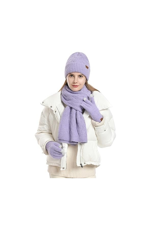 CAMLAKEE Ensemble bonnet dhiver écharpe gants pour femme Bonnet tricoté gant Chauffe-cou Femmes Kit tricot, Blanc., taille u