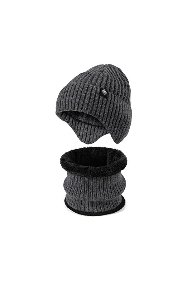 TAGVO Tricotés Ensemble Hiver Bonnet Echarpe pour Homme et Femme, Doublure Molleton Doux Bonnet tricoté Chaud Cache-Cou Exten