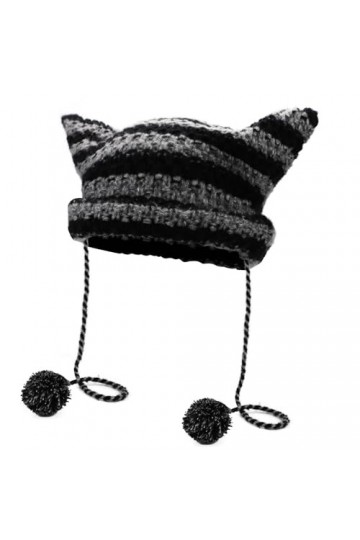 XIHIRCD Bonnet Oreille de Chat, Y2K Crochet Bonnet Chat avec Boule de Fourrure Suspendue Mignon Crochet Oreilles de Renard Bo