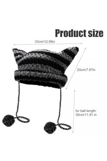 XIHIRCD Bonnet Oreille de Chat, Y2K Crochet Bonnet Chat avec Boule de Fourrure Suspendue Mignon Crochet Oreilles de Renard Bo