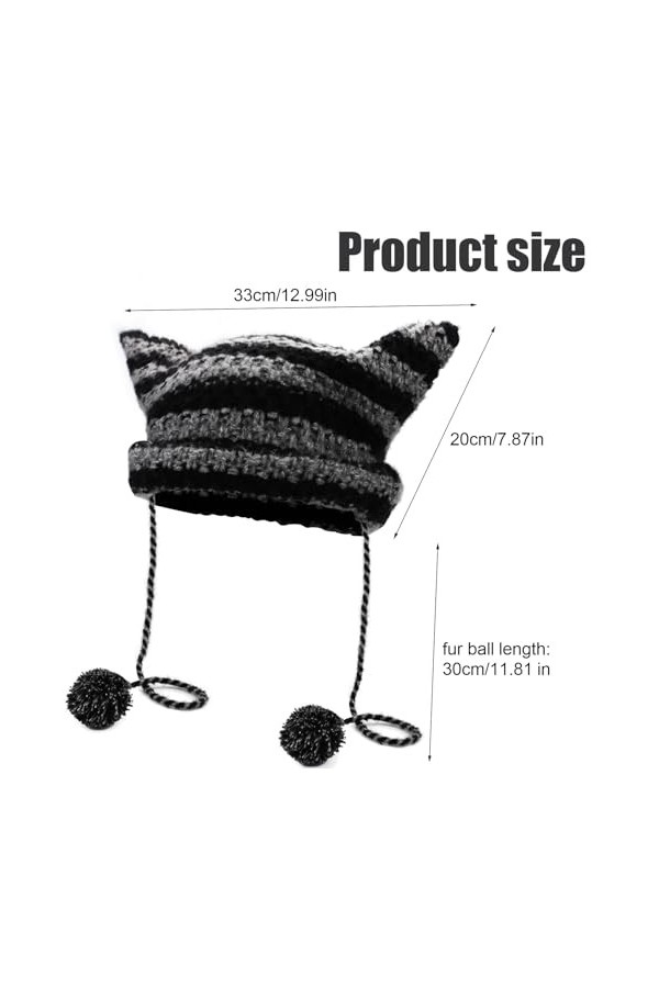 XIHIRCD Bonnet Oreille de Chat, Y2K Crochet Bonnet Chat avec Boule de Fourrure Suspendue Mignon Crochet Oreilles de Renard Bo