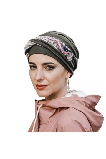 Carebell Elegance Casablanca Turban Bonnet oncologique en coton pour chimiothérapie ou alopécie, kaki, Taille Unique