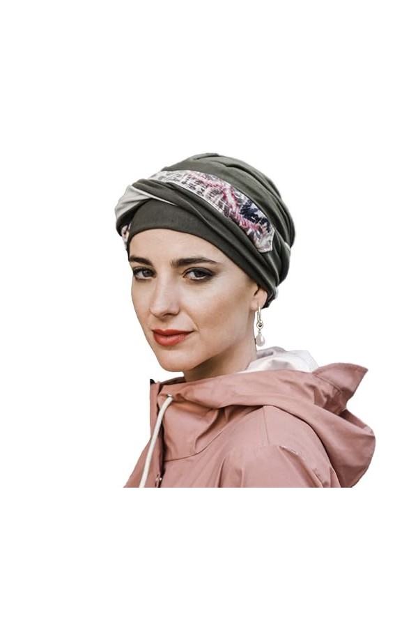 Carebell Elegance Casablanca Turban Bonnet oncologique en coton pour chimiothérapie ou alopécie, kaki, Taille Unique