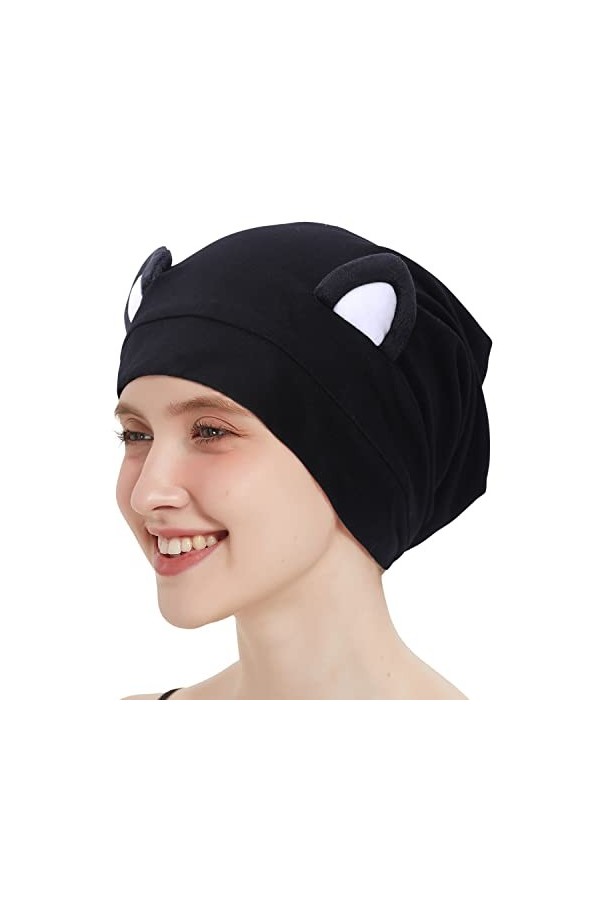 Hat Hut Bonnet en satin de soie pour cheveux bouclés pour femme - Réglable - Doublure en soie - Bonnet souple avec oreilles, 