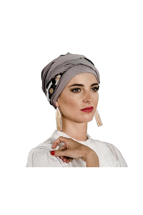 Carebell Elegance Black Abstract Turban oncologique en bambou et coton pour chimiothérapie ou alopécie, Gris perle, Taille Un