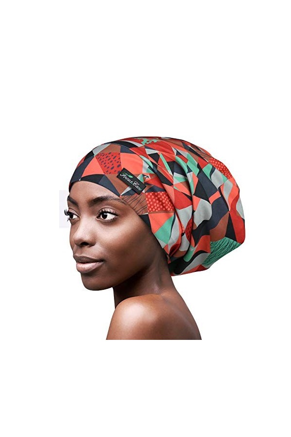 Bonnet satin pour cheveux bouclés, nuit réglable en soie rouge