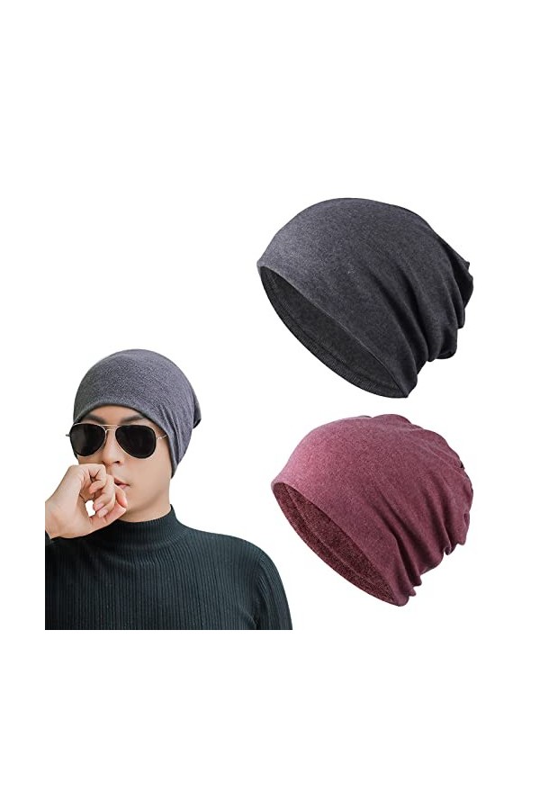 BDSHUNBF 2 Pack Bonnet en Coton, Stretch Bonnet de Nuit Chapeaux Bandeau Hiver, Unisexe pour Perte de Cheveux Cancer Sortie V