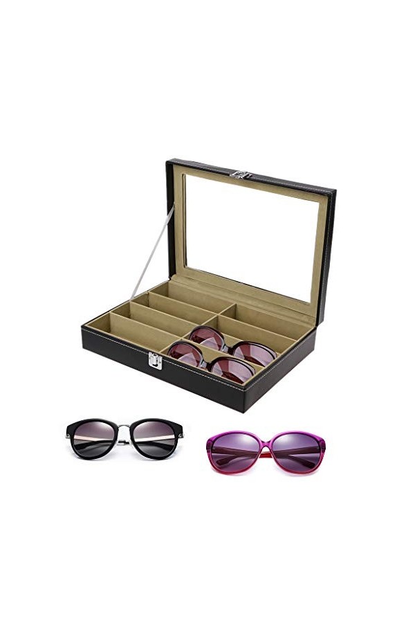 JUNESUN 8 Slots Lunettes De Soleil Lunettes De Soleil Faux Cuir Rangement Organisateur Vitrine Boîte