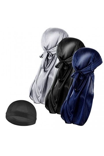 Molain Lot de 3 Bonnets ondulés en Soie pour Homme et 1 Bonnet Durag Soyeux avec Longue Queue de Cheval élastique Doux Respir