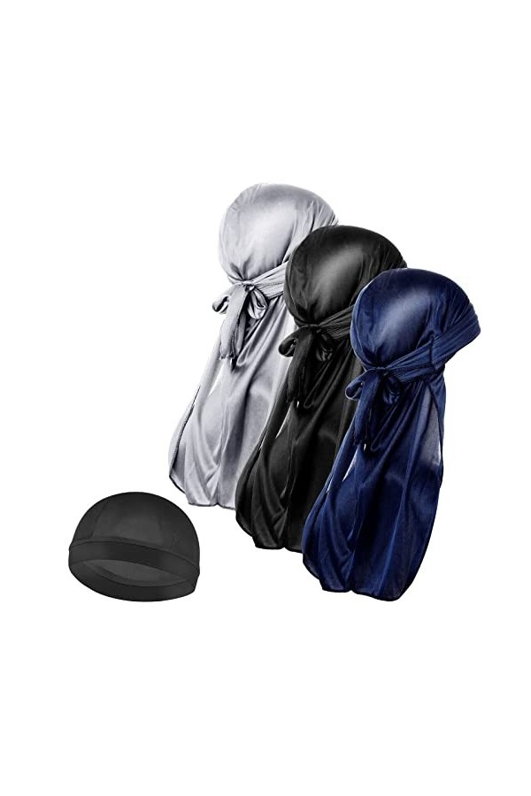 Molain Lot de 3 Bonnets ondulés en Soie pour Homme et 1 Bonnet Durag Soyeux avec Longue Queue de Cheval élastique Doux Respir