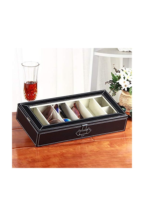 Boîte de rangement pour lunettes Grandes lunettes Boîtier Lunettes de soleil Cuir avec boîtier de bijoux transparent couvercl