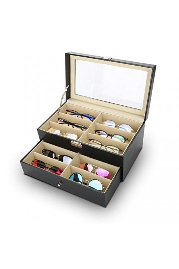 Ejoyous Boîte à Lunettes pour Ranger 12 Verres, Boîte à Lunettes avec Vitrine en Verre Présentation et Rangement Lunettes de 