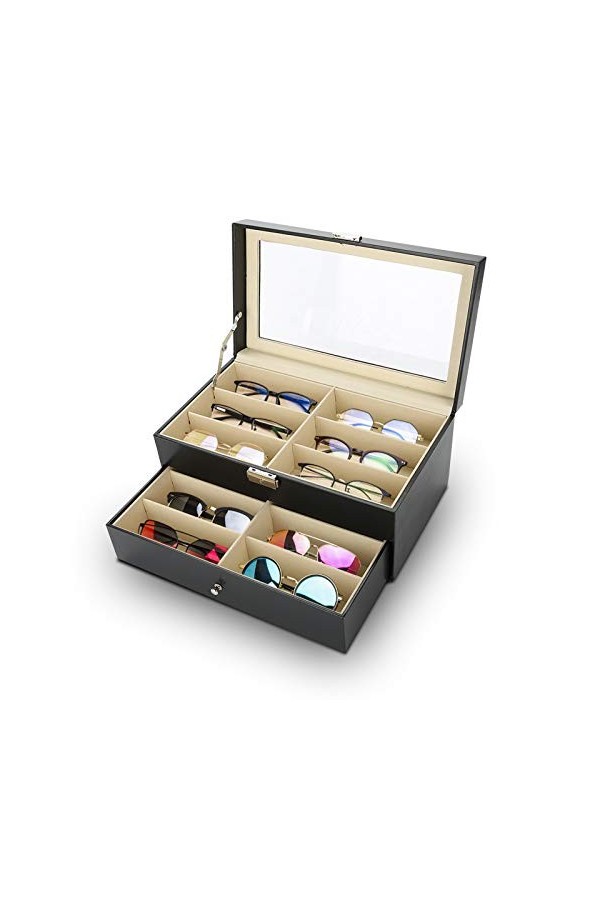 Ejoyous Boîte à Lunettes pour Ranger 12 Verres, Boîte à Lunettes avec Vitrine en Verre Présentation et Rangement Lunettes de 