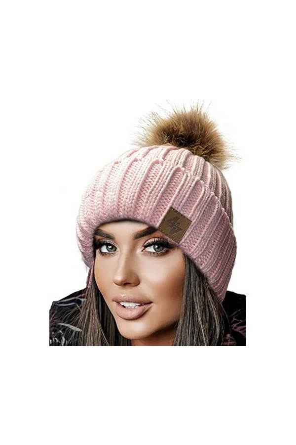 4sold Hommes Lady Bonnets Bonnet Fourré Hiver pour Femme Bonnet Tricoté et Gros Pompon Coloris Taille Unique Gold Circle Doub