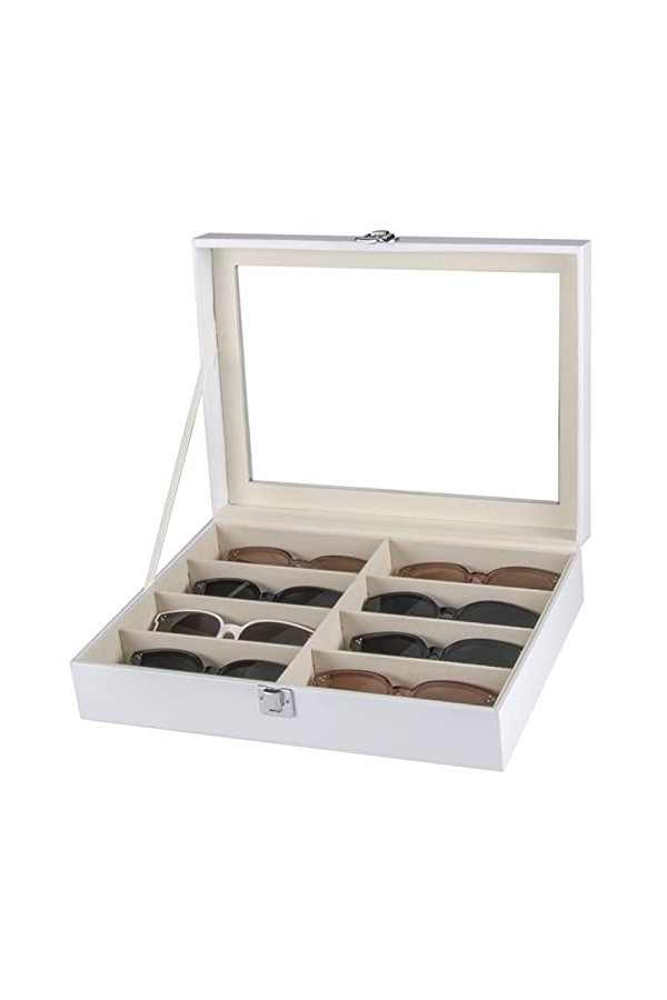 Femmes Hommes Organisateur de Lunettes de Soleil, Blanc PU Cuir 8 emplacements Lunettes Sunglass Boîte de Rangement Holder Cl