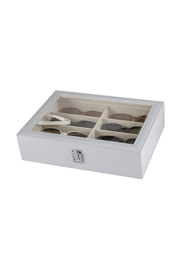 Femmes Hommes Organisateur de Lunettes de Soleil, Blanc PU Cuir 8 emplacements Lunettes Sunglass Boîte de Rangement Holder Cl