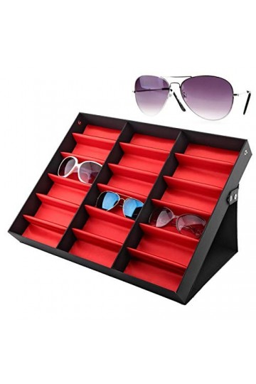 Étui de Rangement pour Lunettes, Boîte Daffichage Lunettes Soleil à 18 Fentes, Vitrine Vue, Organisateur Bijoux Plateau Mais