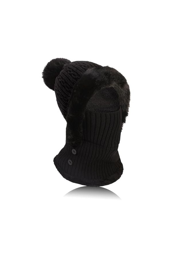 TAGVO Hiver Chaud Tricoté Bonnet Et Ensembles De Cache-Cou, Balaclava Chapeau Bonnet Tricoté Flexible avec Boule De Poils, Ca