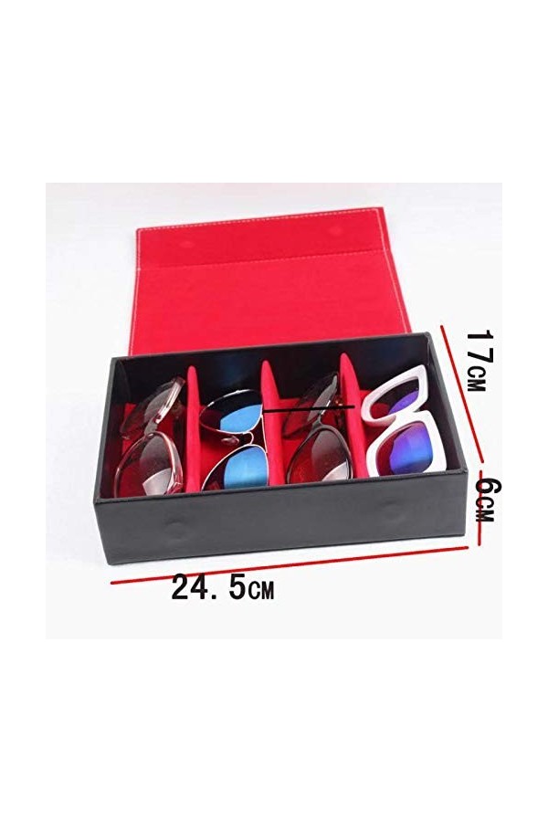 BECCYYLY Étui à Lunettes 4 Grille Noir Doublure Rouge Étui à Lunettes Boîte de Rangement pour Lunettes de Soleil
