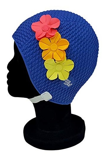 Blue Reef Paris Bubble Bonnet de bain pour femme Motif floral classique rétro 3 fleurs tropicales rangées 3D pétales 3 couleu