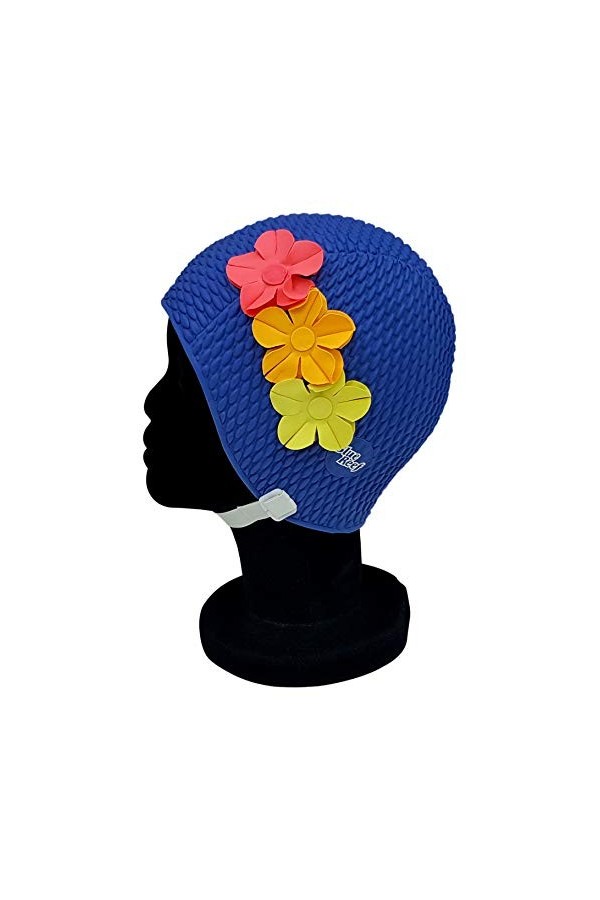 Blue Reef Paris Bubble Bonnet de bain pour femme Motif floral classique rétro 3 fleurs tropicales rangées 3D pétales 3 couleu
