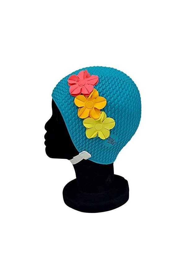 Blue Reef Paris Bubble Bonnet de bain pour femme Motif floral classique rétro 3 fleurs tropicales rangées 3D pétales 3 couleu