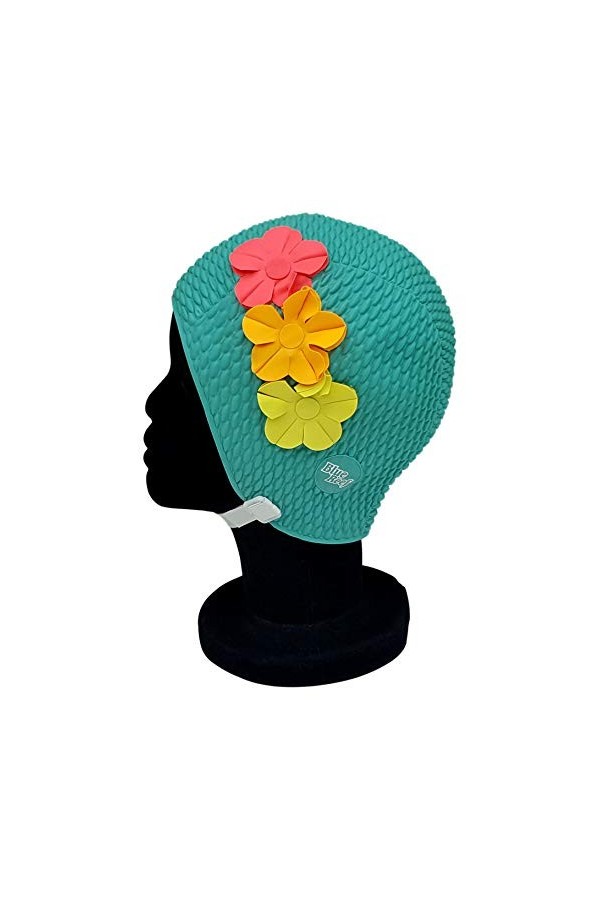 Blue Reef Paris Bubble Bonnet de bain pour femme Motif floral classique rétro 3 fleurs tropicales rangées 3D pétales 3 couleu