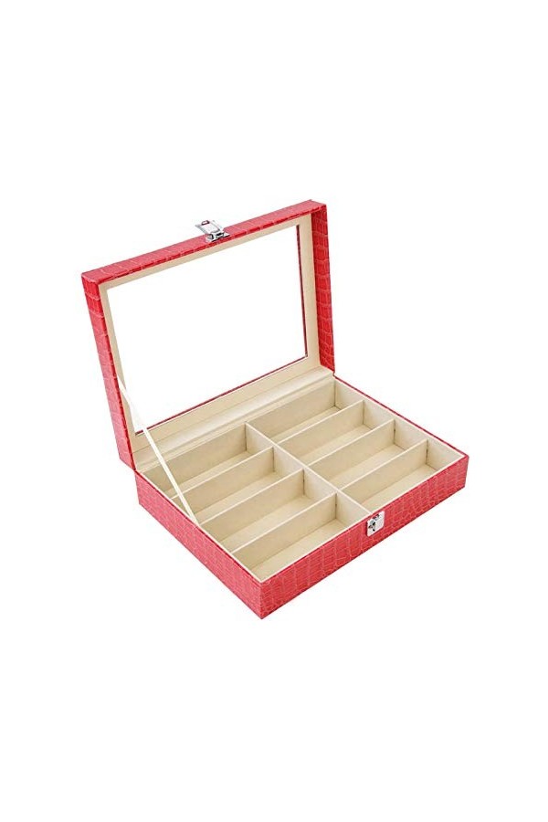 BECCYYLY Étui à Lunettes 8 Grid Rose Red PU Lunettes de Soleil Boîte de Rangement Boîte de Rangement pour Lunettes