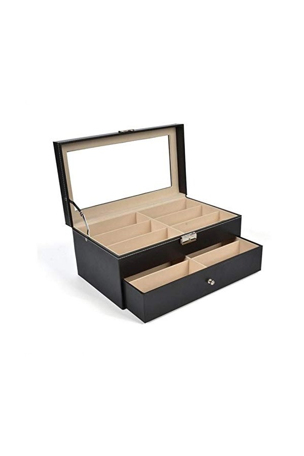 BECCYYLY Étui à Lunettes 12 Grille en Cuir Noir Double Couche Boîte de Rangement pour Lunettes de Soleil Étui à Lunettes