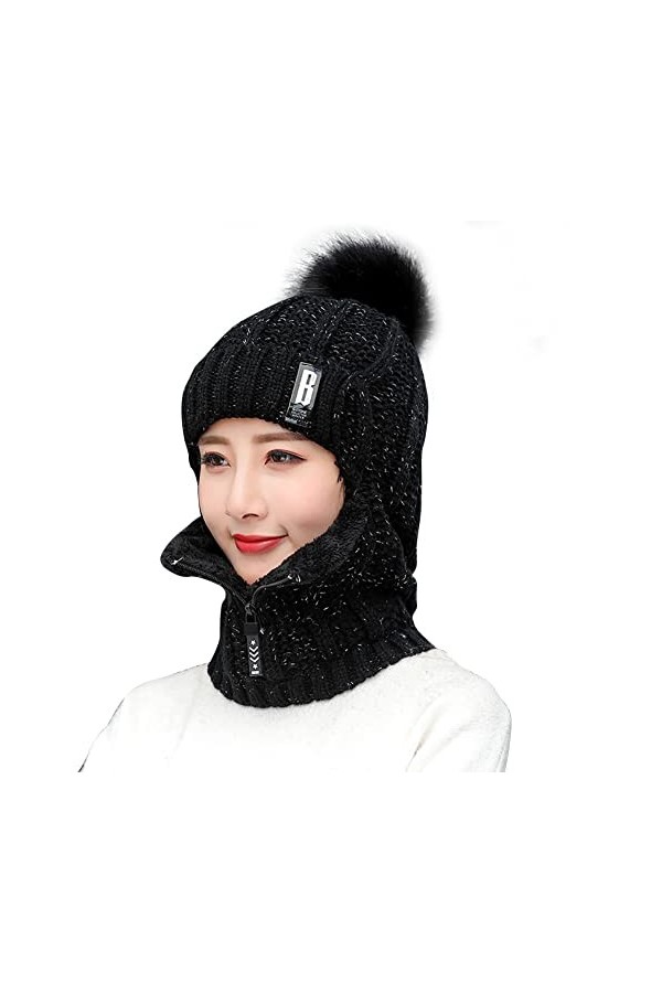 Surakey Bonnet Femme Hiver Bonnet Balaclava en Tricot avec Cache-Cou,Cagoules Femme Polaire Balaclava Chapeau, Masque de Ski 
