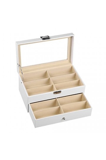 Femmes Hommes Organisateur de Lunettes de Soleil, Blanc en cuir PU doubles couches 12 Machines à sous Lunettes Box Holder Eff