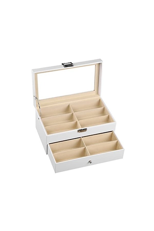 Femmes Hommes Organisateur de Lunettes de Soleil, Blanc en cuir PU doubles couches 12 Machines à sous Lunettes Box Holder Eff